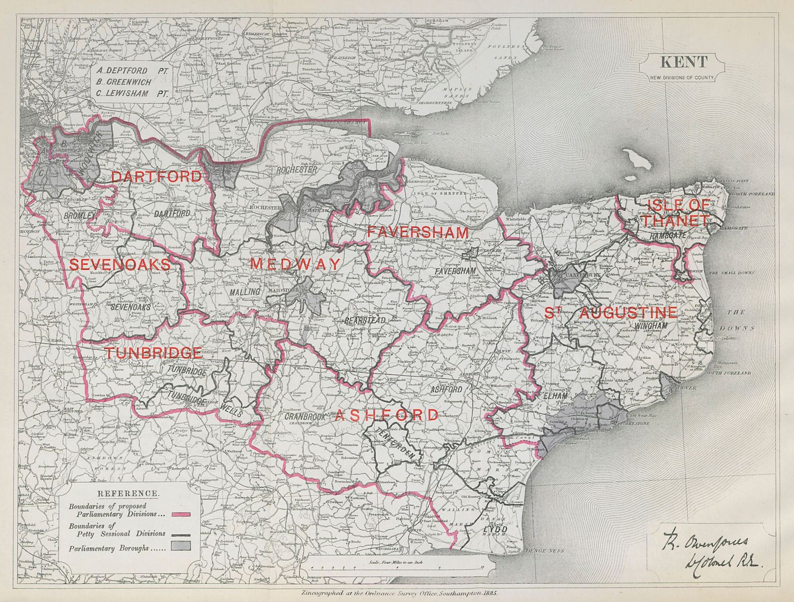 Kent Parliamentary Divisions. Dartford Ashford. BOUNDARY COMMISSION 1885 map
